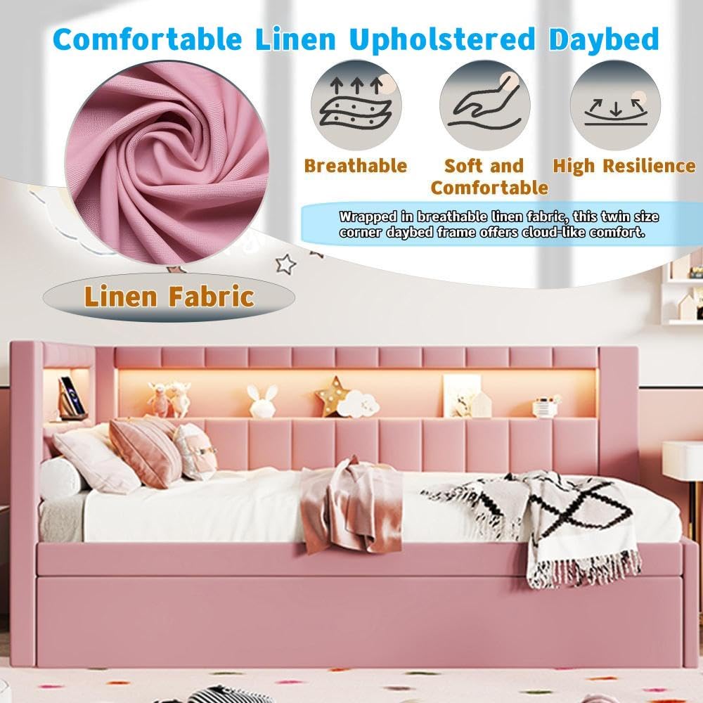 Twin Size Linen Fabric Daybed with Trundle and USB Ports P201305