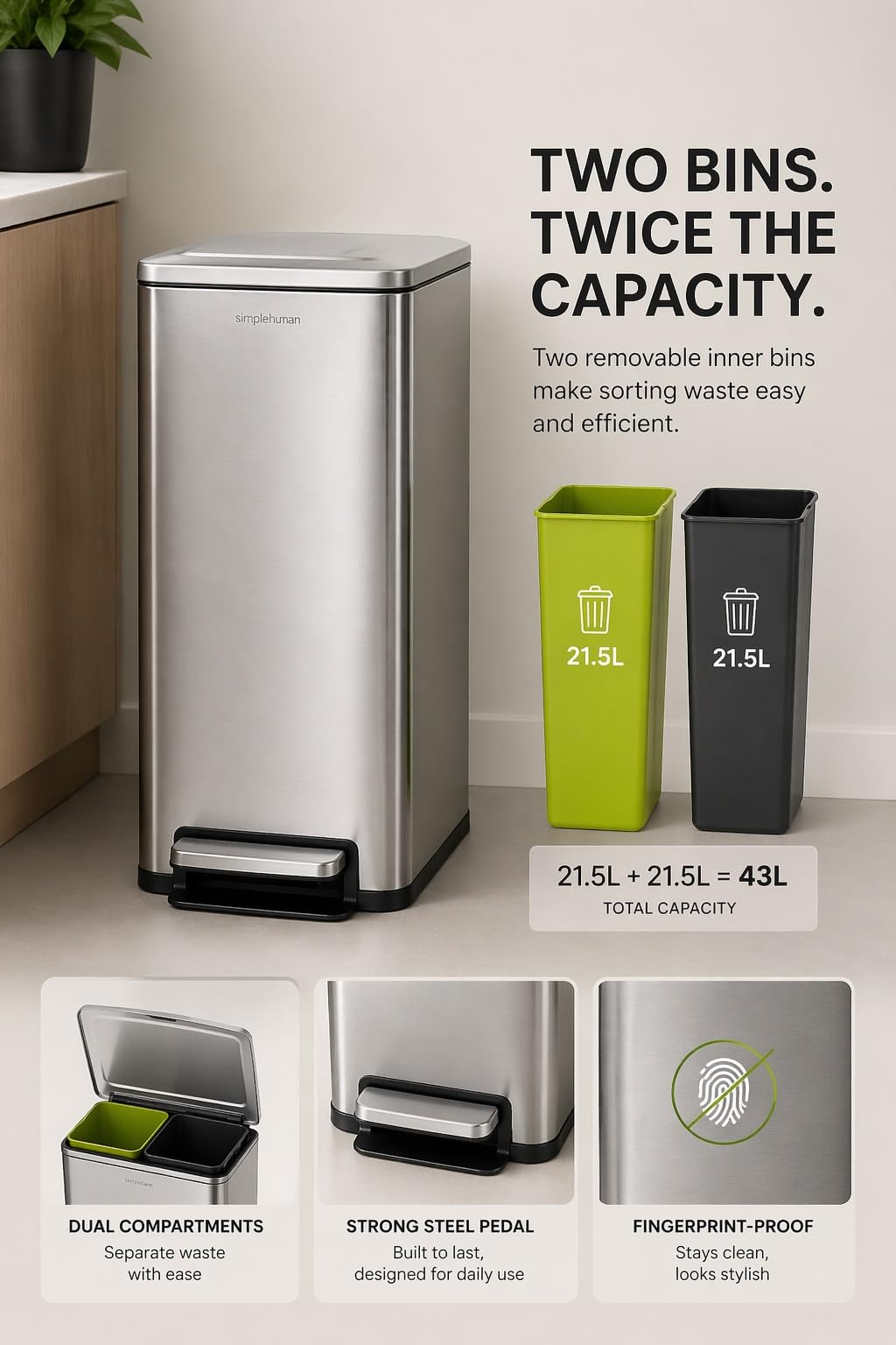 43L Dual Recycling Bin Stainless Steel U72271