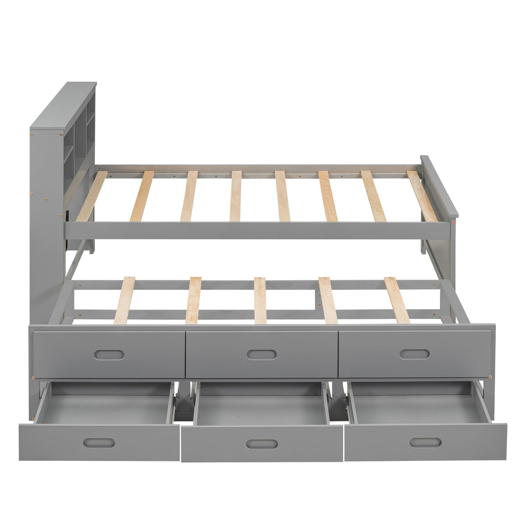Twin Size Platform Bed with Storage Headboard, Trundle and 3 Drawers, Gray O2819