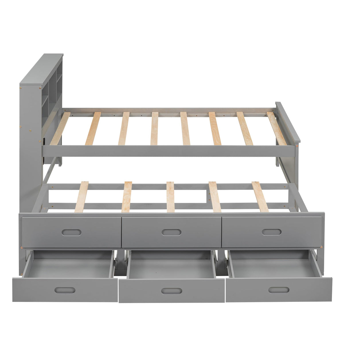Twin Size Platform Bed with Storage Headboard, Trundle and 3 Drawers, Gray O2819
