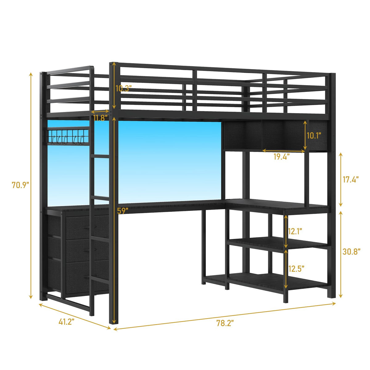 Twin Loft Bed with L-Shaped Desk and LED Lights I698111