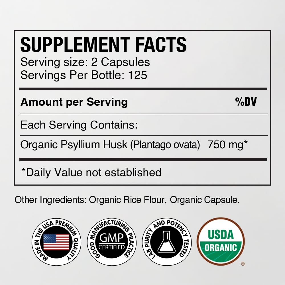 Organic Psyllium Husk Capsules 750 mg Fiber Supplement 250 Capsules Pack of 2 K2843