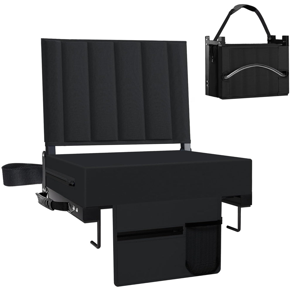 Black Padded Portable Folding Stadium Seat with Back Support and Cup Holder M40606