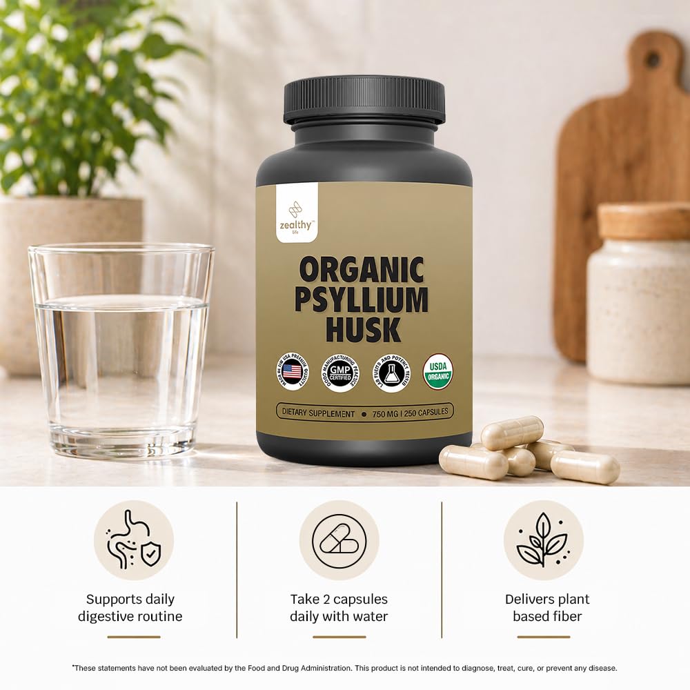 Organic Psyllium Husk Capsules 750 mg Fiber Supplement 250 Capsules Pack of 2 K2843