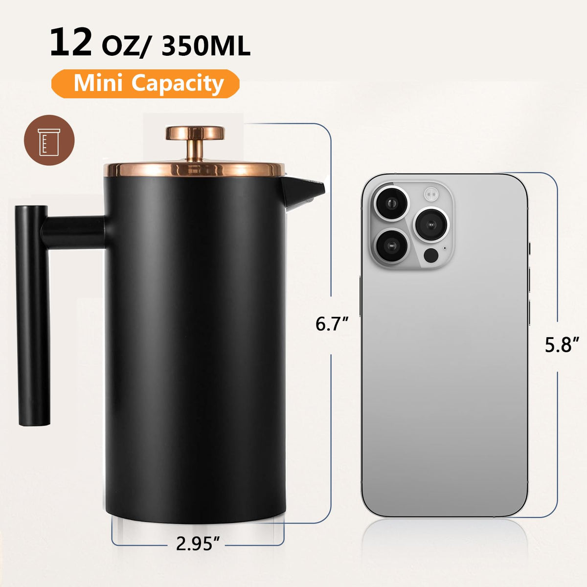 Black Stainless Steel 12oz French Press Coffee Maker G64666
