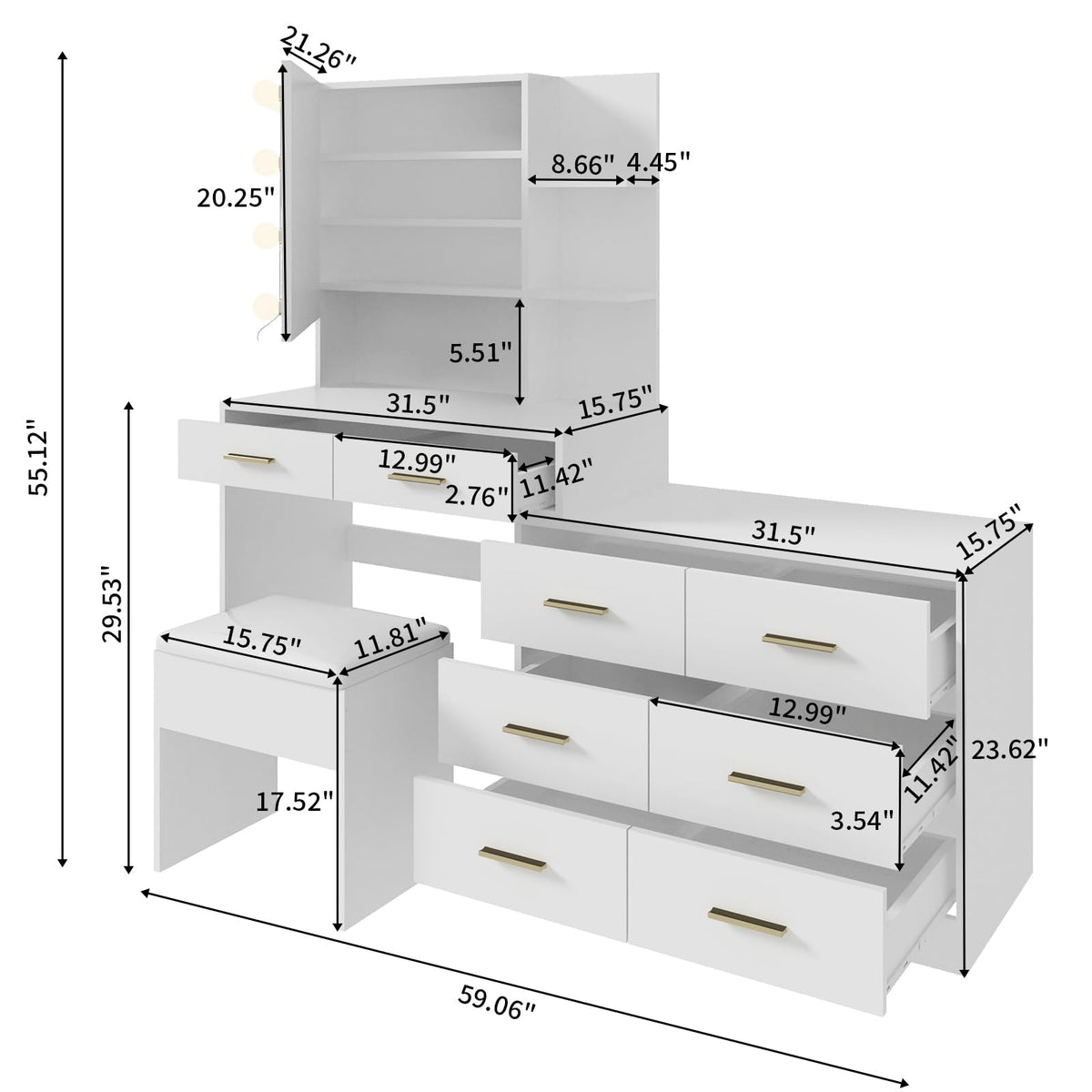 White Makeup Vanity Desk Set with 8 Drawers O772