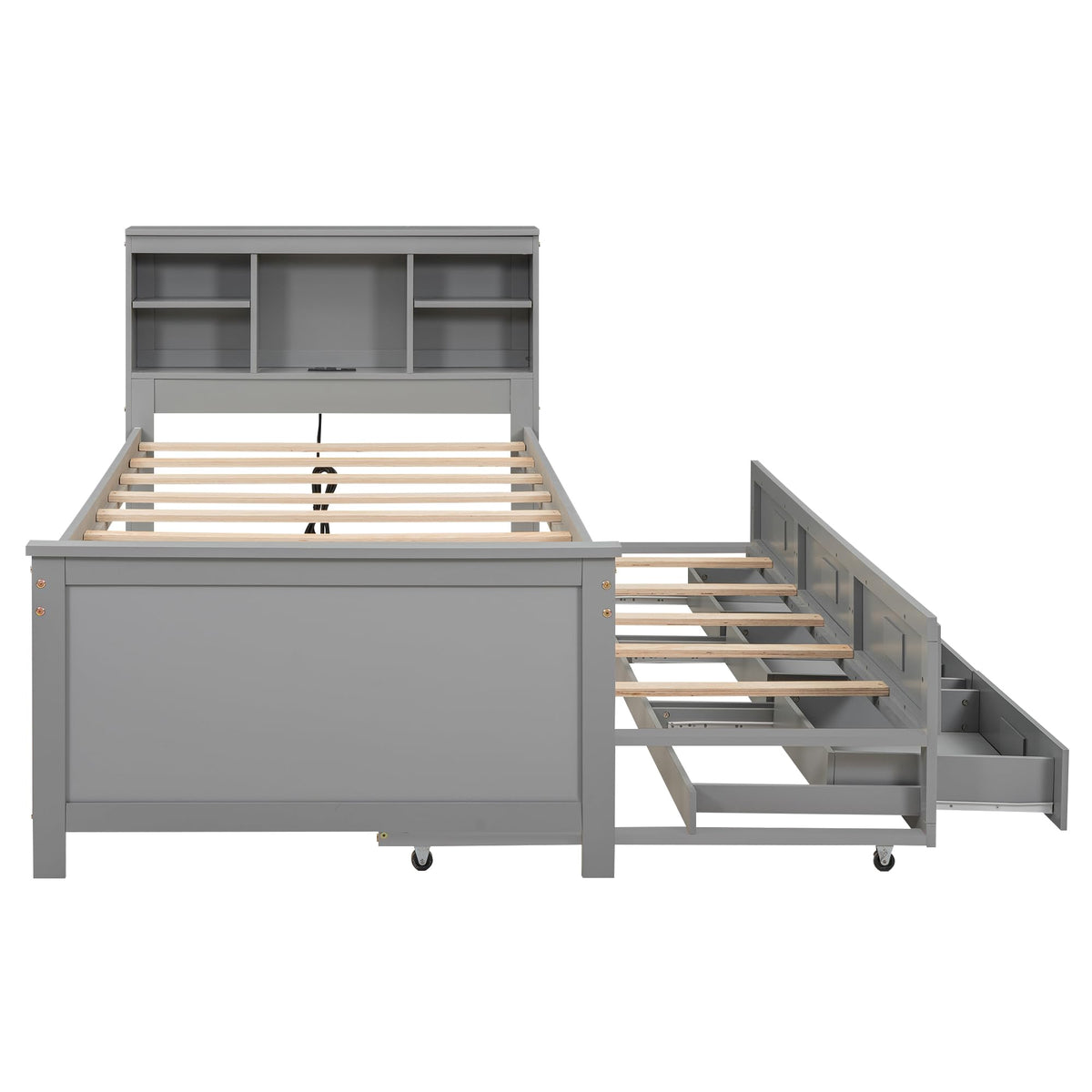 Twin Size Platform Bed with Storage Headboard, Trundle and 3 Drawers, Gray O2819