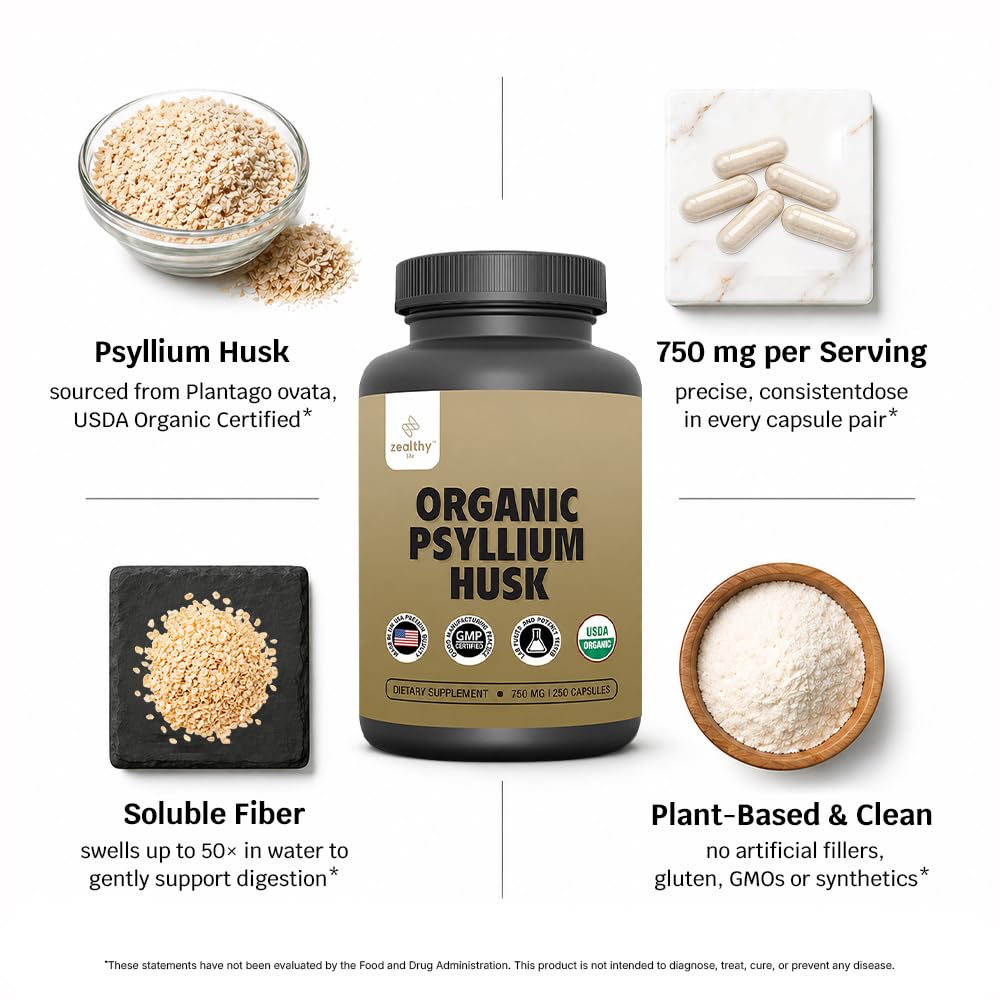 Organic Psyllium Husk Capsules 750 mg Fiber Supplement 250 Capsules Pack of 2 K2843