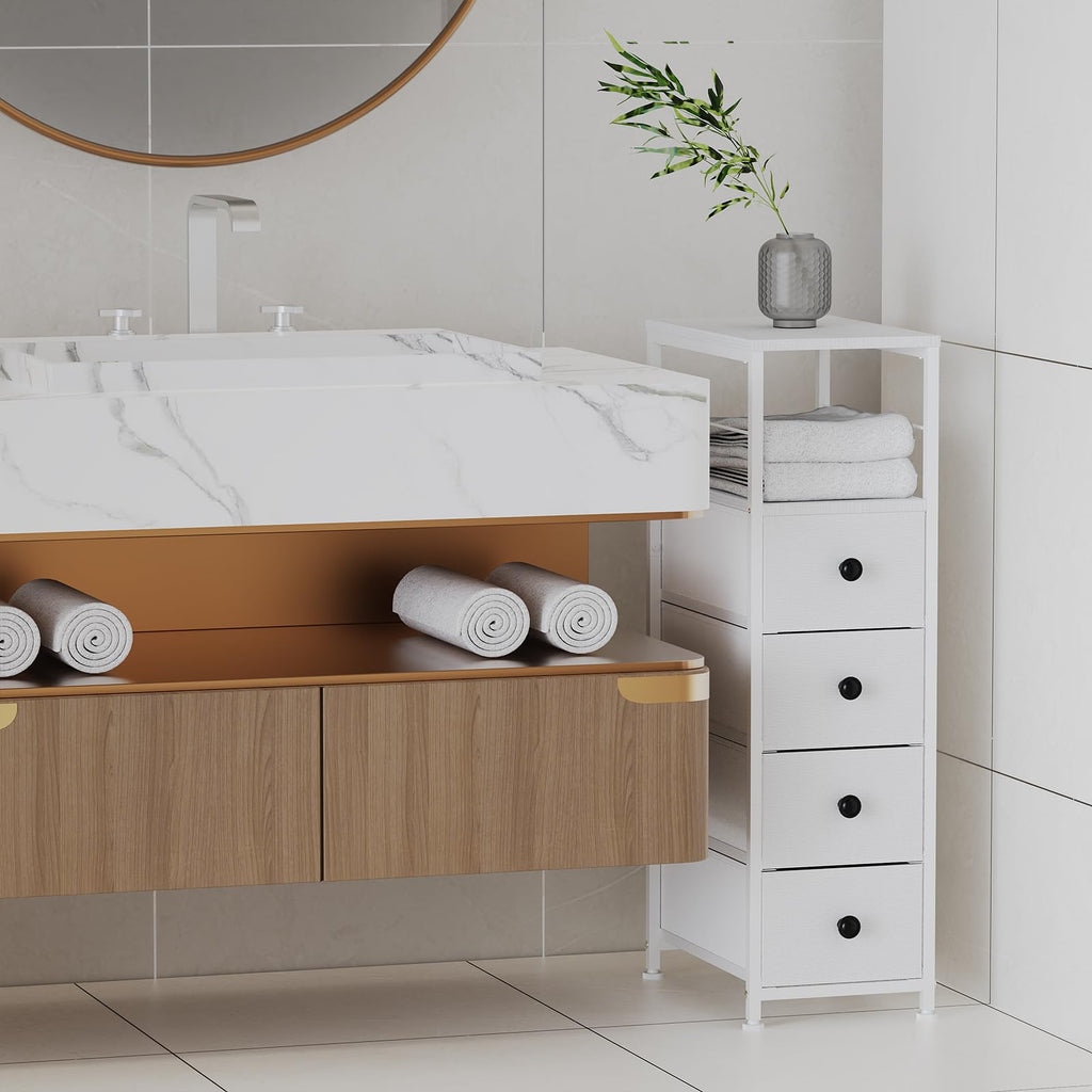 White Narrow Dresser with 4 Fabric Drawers V50991