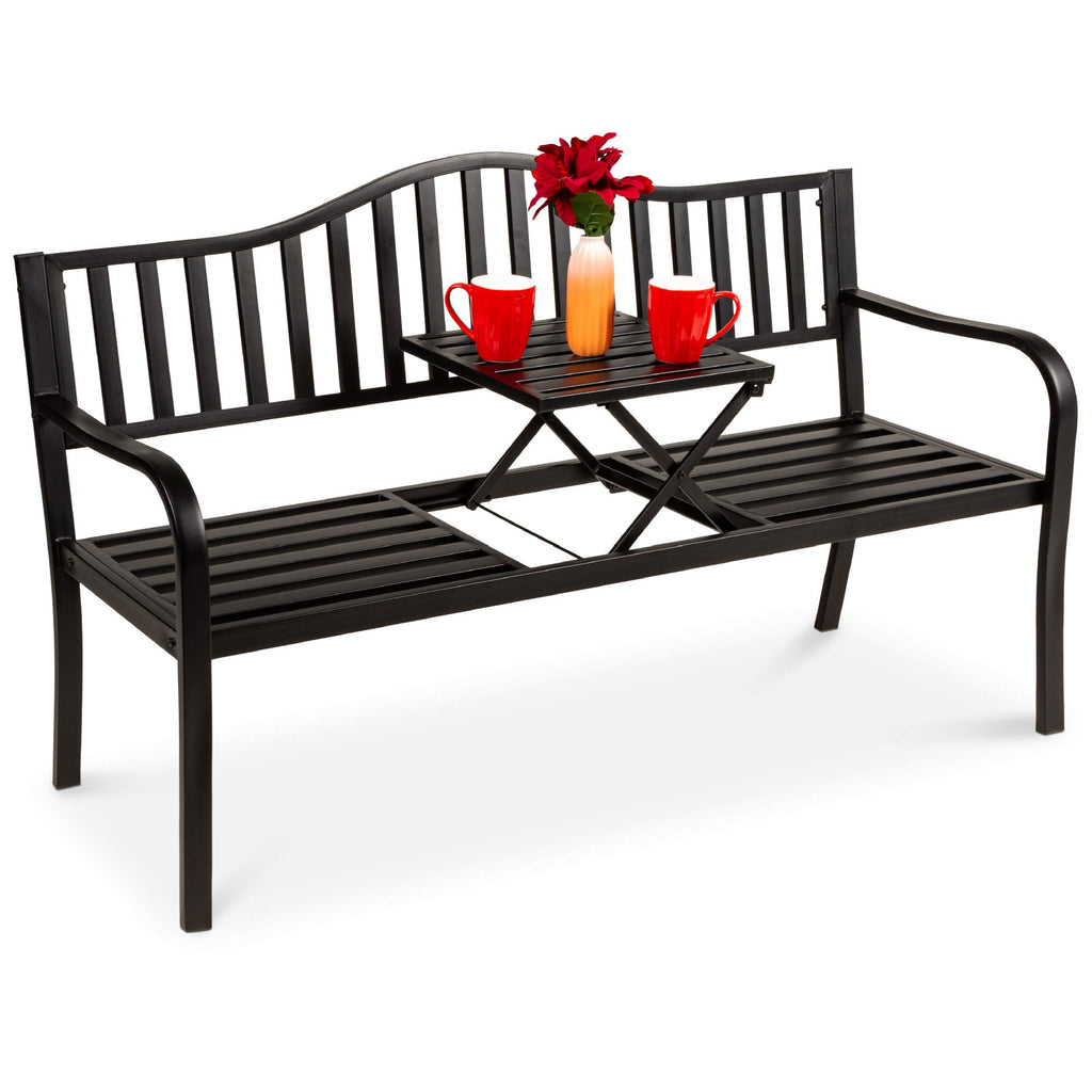 Black Steel Outdoor Garden Bench with Pullout Middle Table F43797