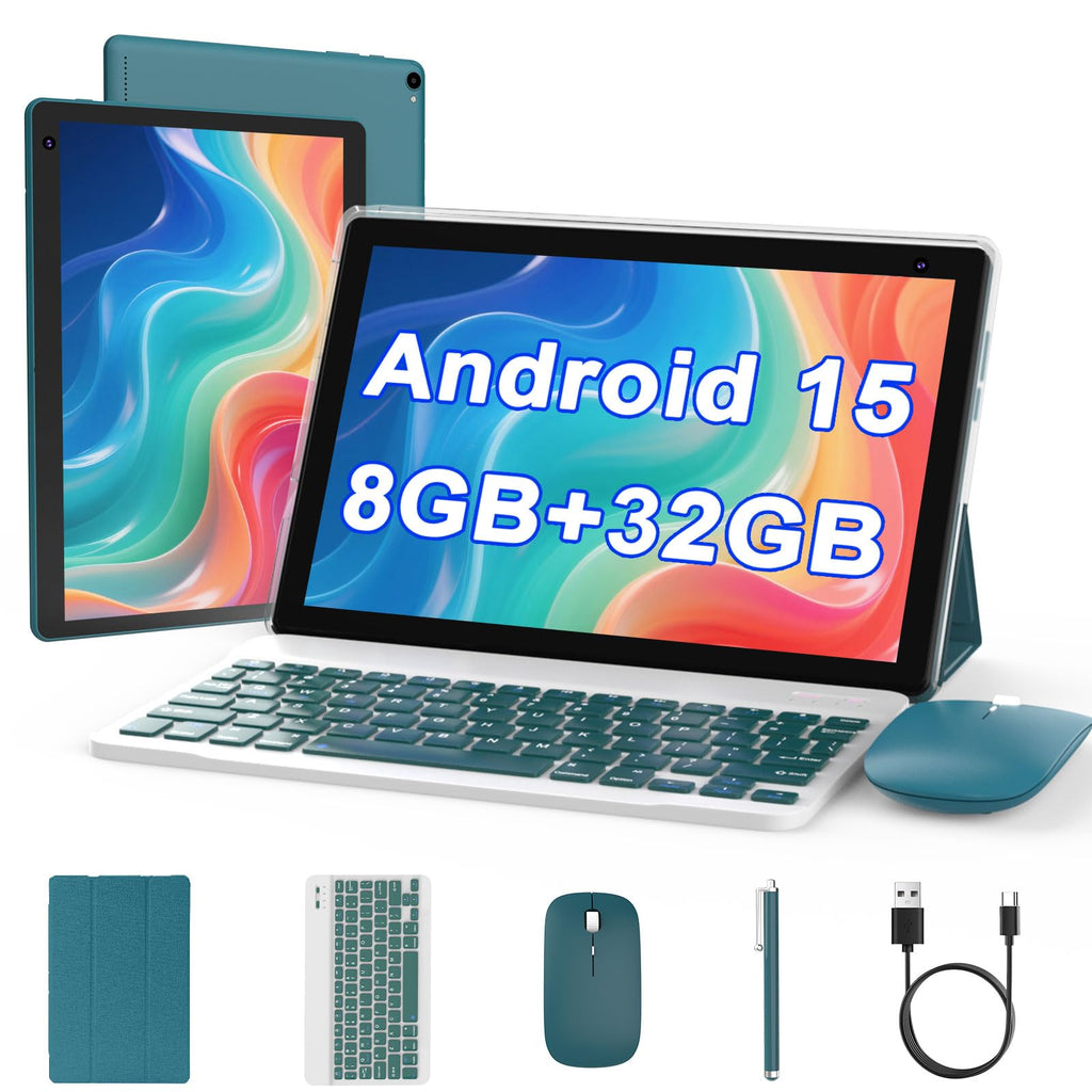 Android 15 Tablet 10 inch, 2 in 1 Tablet with Keyboard, 8GB RAM+32GB ROM, 1TB Expandable, Quad-Core, HD Screen, WiFi, Navy S9497