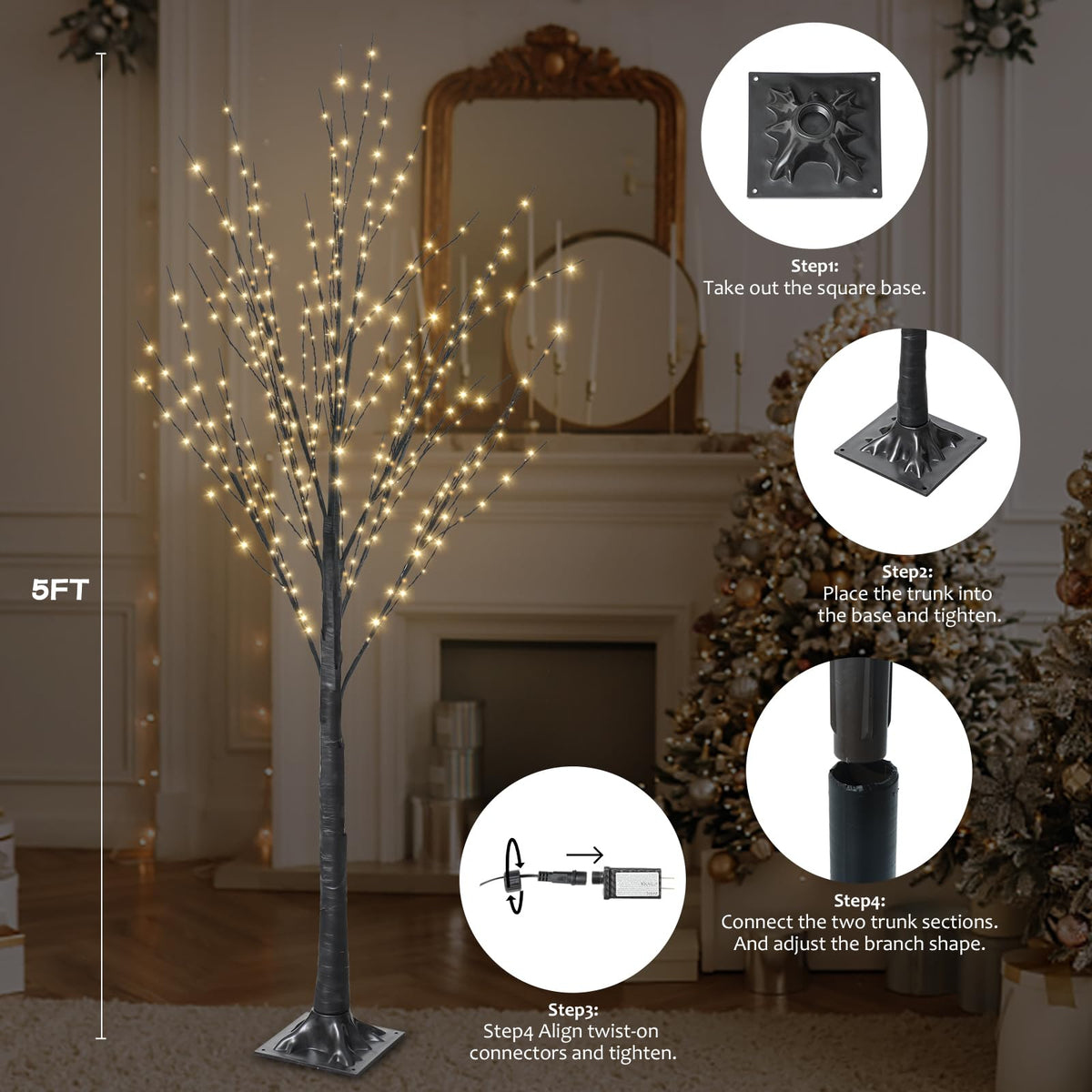 5FT Lighted Birch Tree with 400 LED Warm White Lights C998