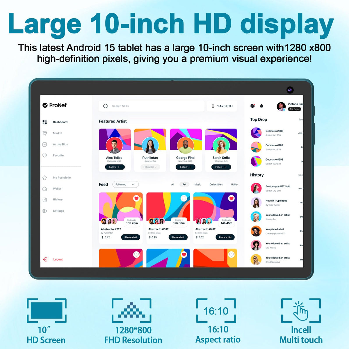 Android 15 Tablet 10 inch, 2 in 1 Tablet with Keyboard, 8GB RAM+32GB ROM, 1TB Expandable, Quad-Core, HD Screen, WiFi, Navy S9497