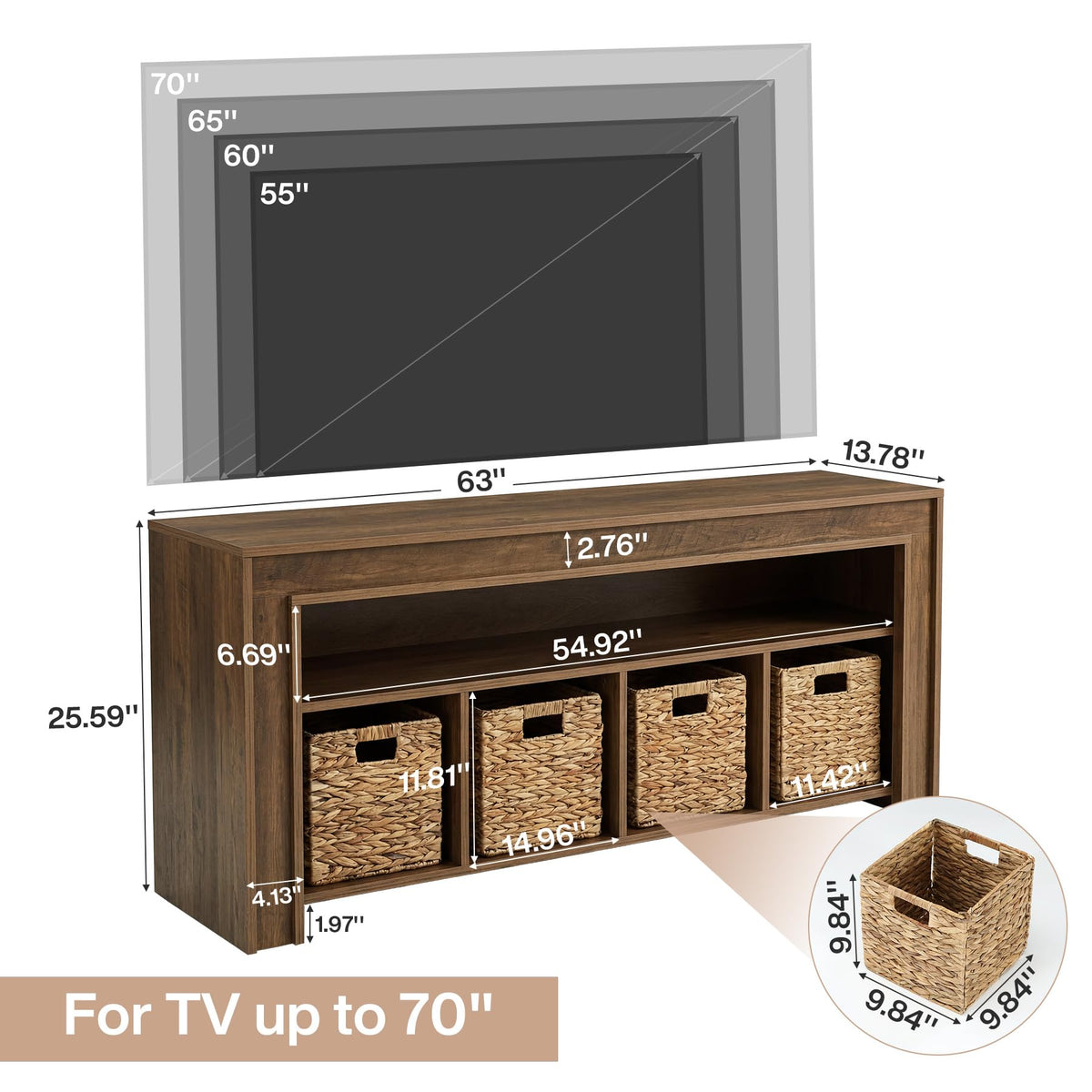 63" Wooden TV Stand with 4 Woven Baskets S11072