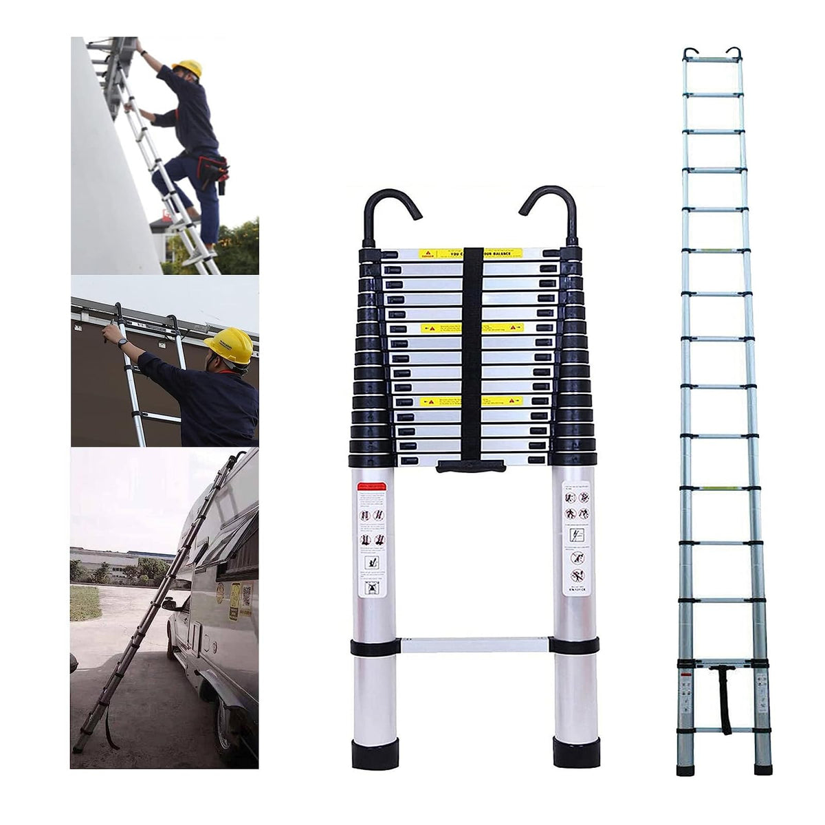 20FT Aluminum Telescoping Ladder with 2 Detachable Hooks, 330 lb Capacity J325
