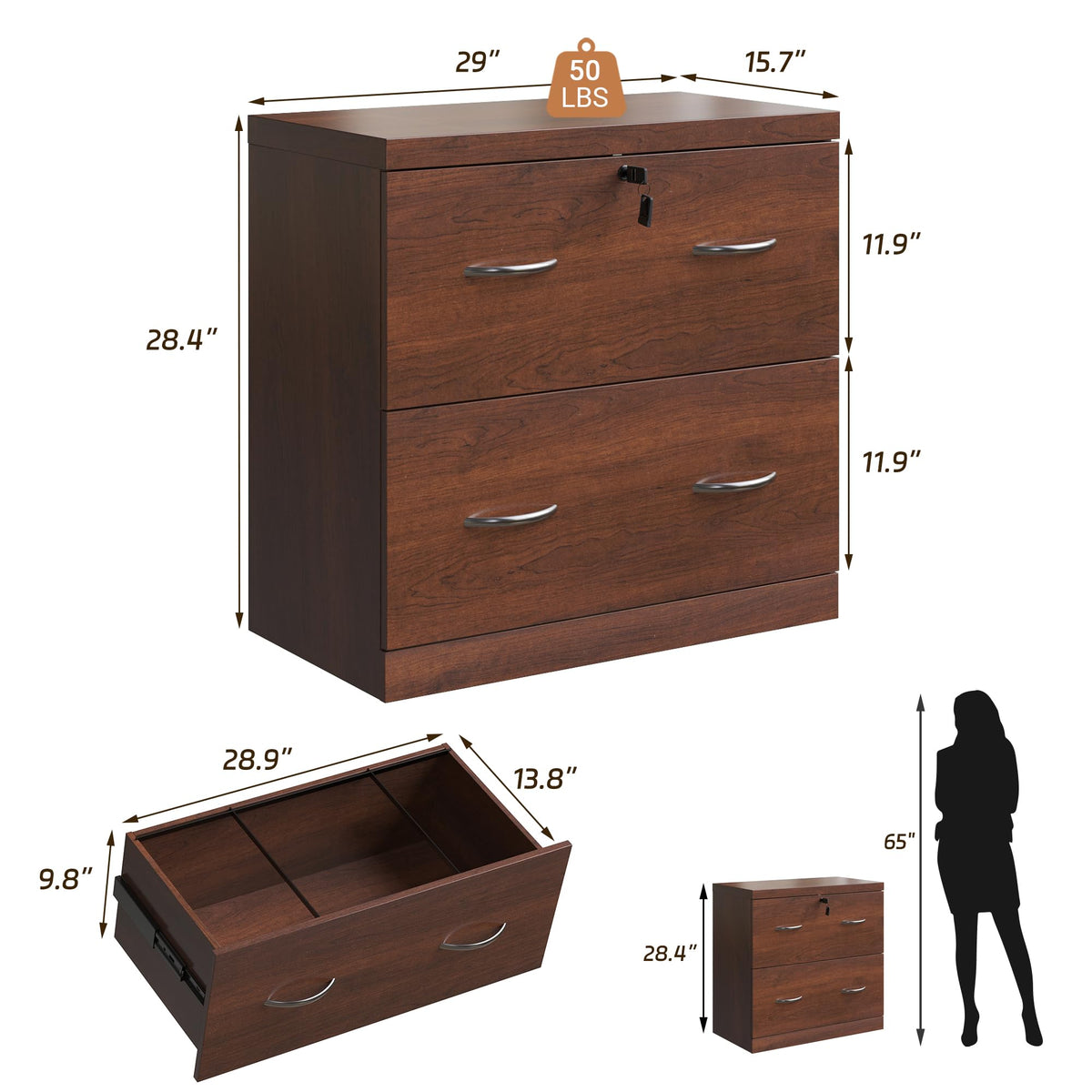 2 Drawer Wood File Cabinet with Lock X802