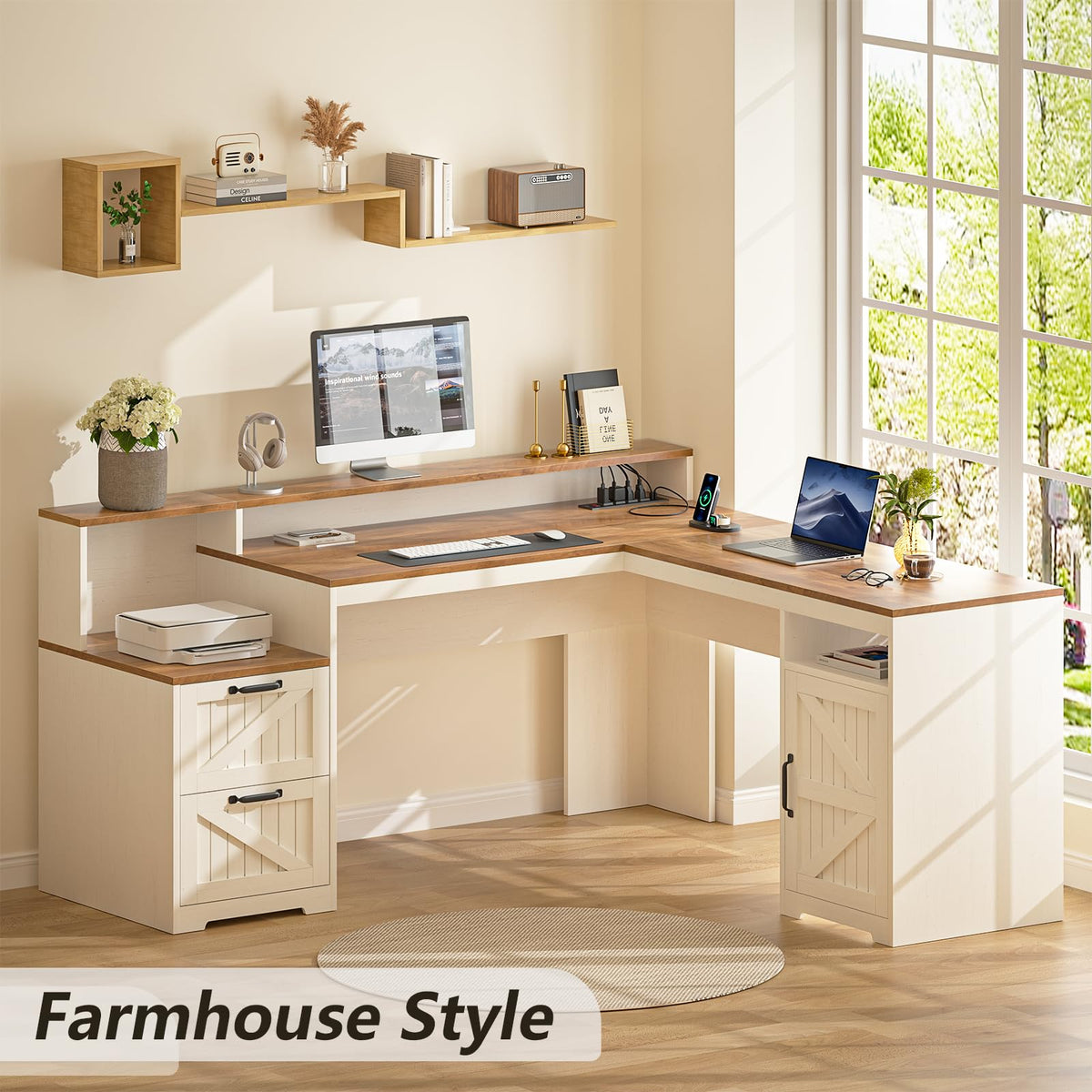 63" L Shaped Desk with Drawers & Printer Shelf N22233