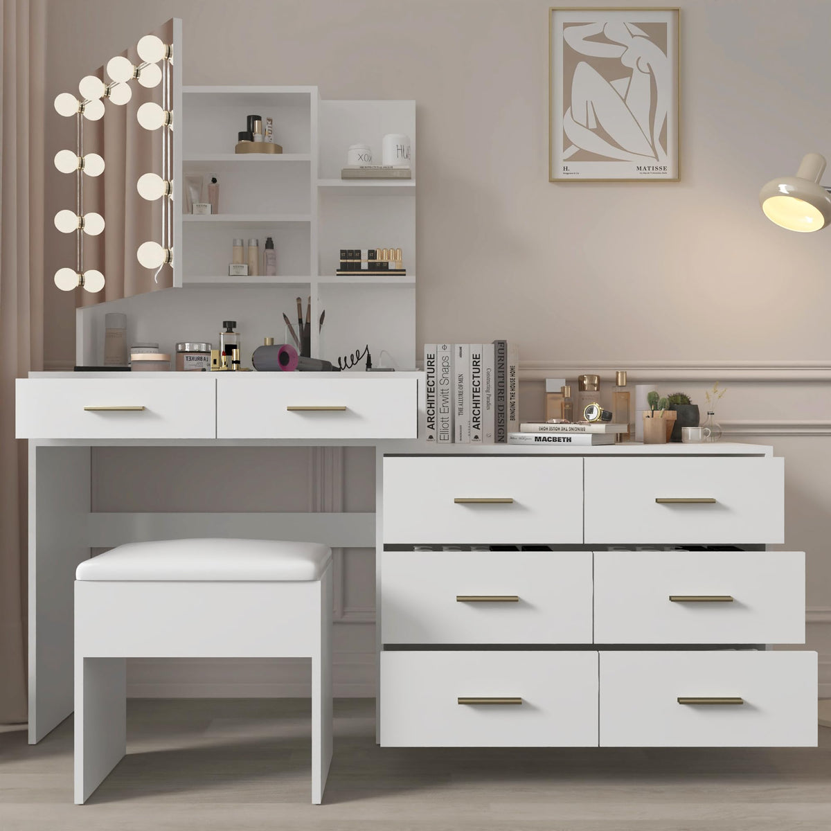 White Makeup Vanity Desk Set with 8 Drawers O772