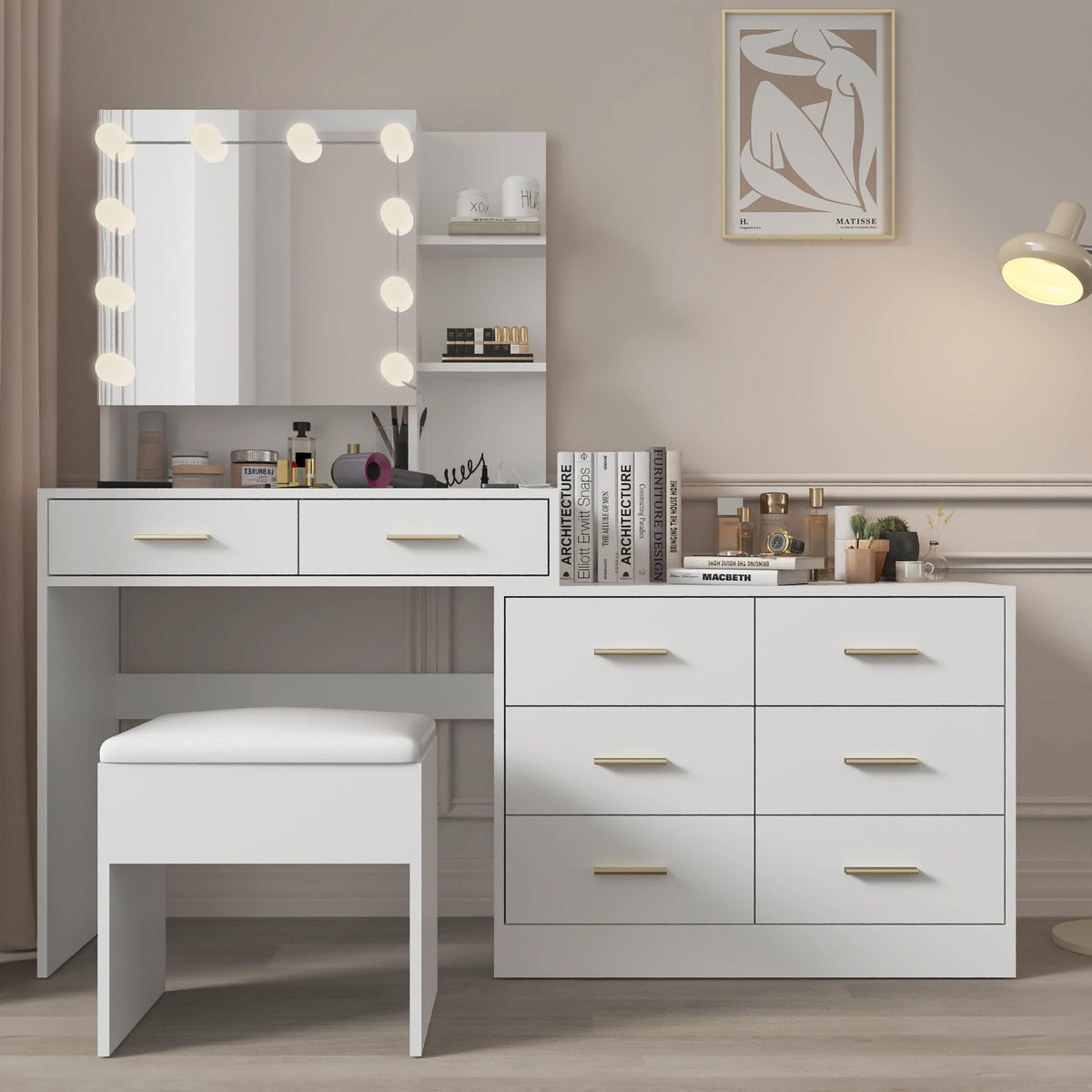 White Makeup Vanity Desk Set with 8 Drawers O772