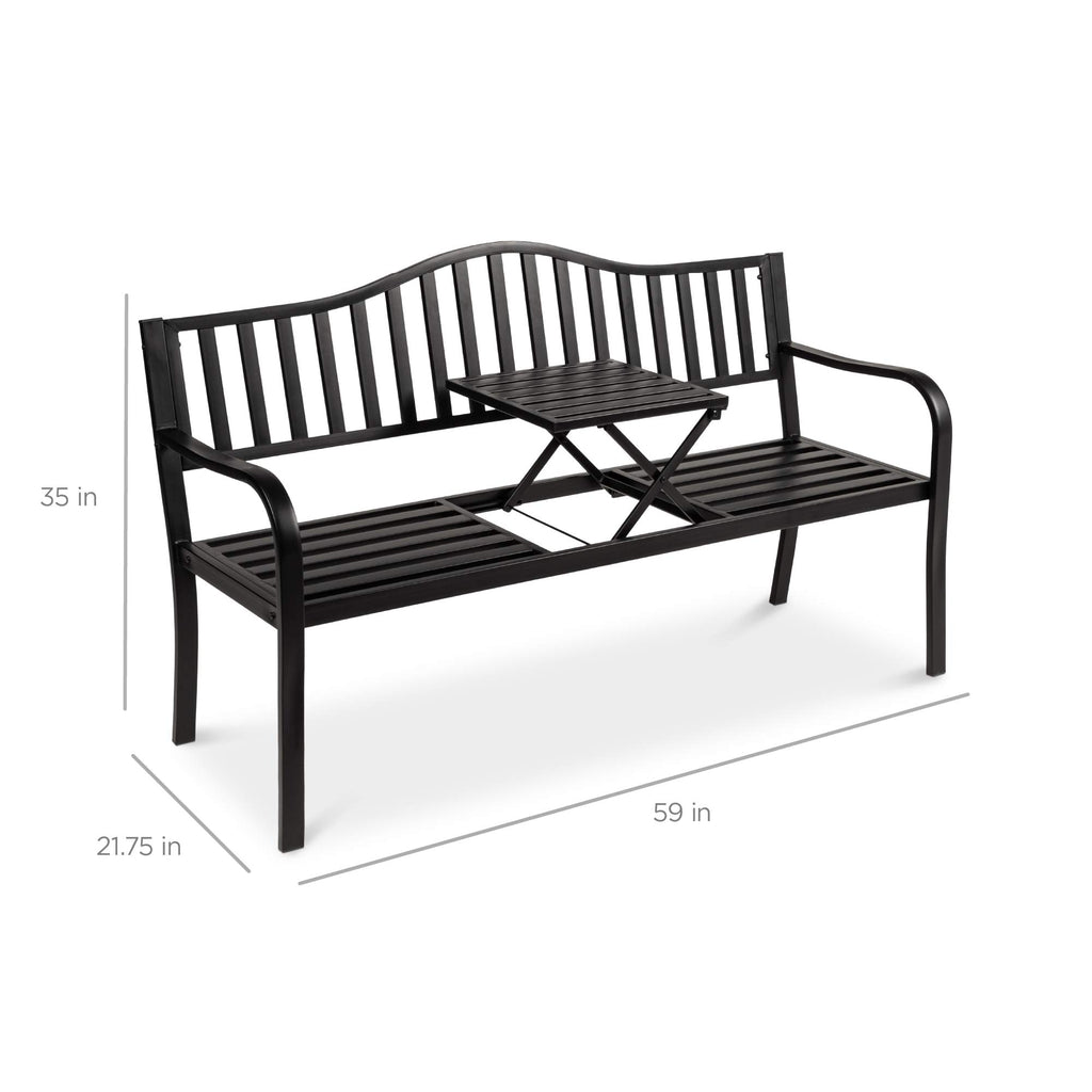 Black Steel Outdoor Garden Bench with Pullout Middle Table F43797