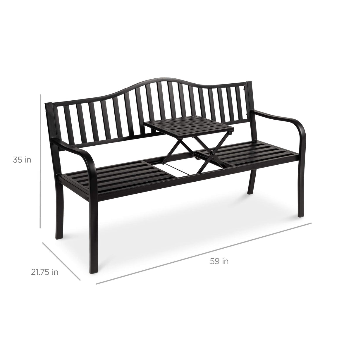Black Steel Outdoor Garden Bench with Pullout Middle Table F43797