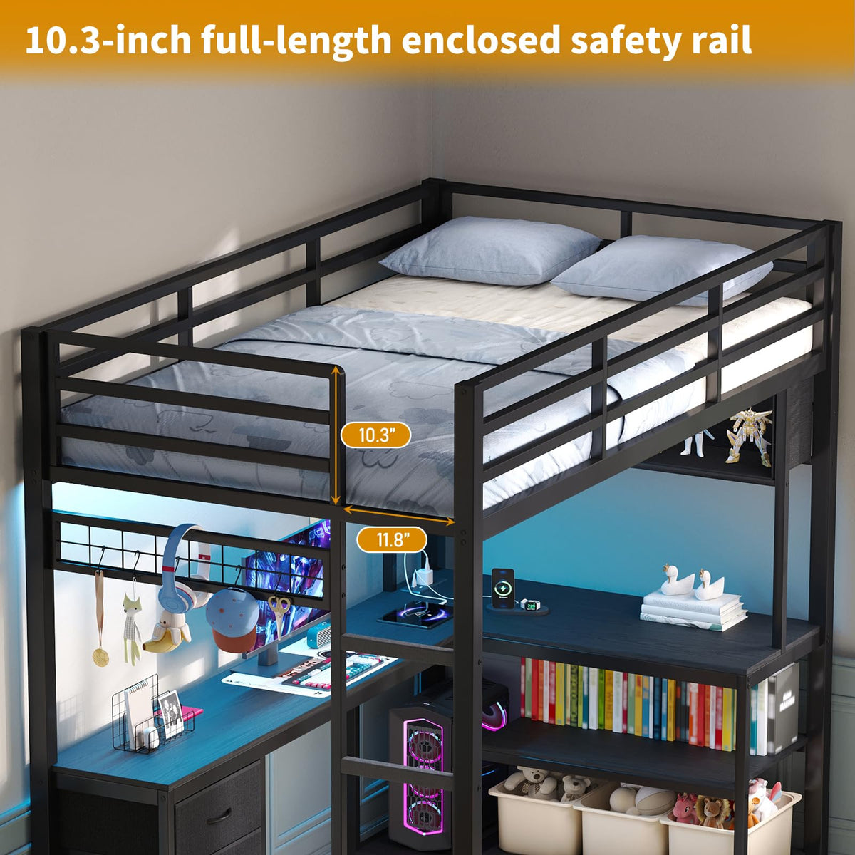 Twin Loft Bed with L-Shaped Desk and LED Lights I698111