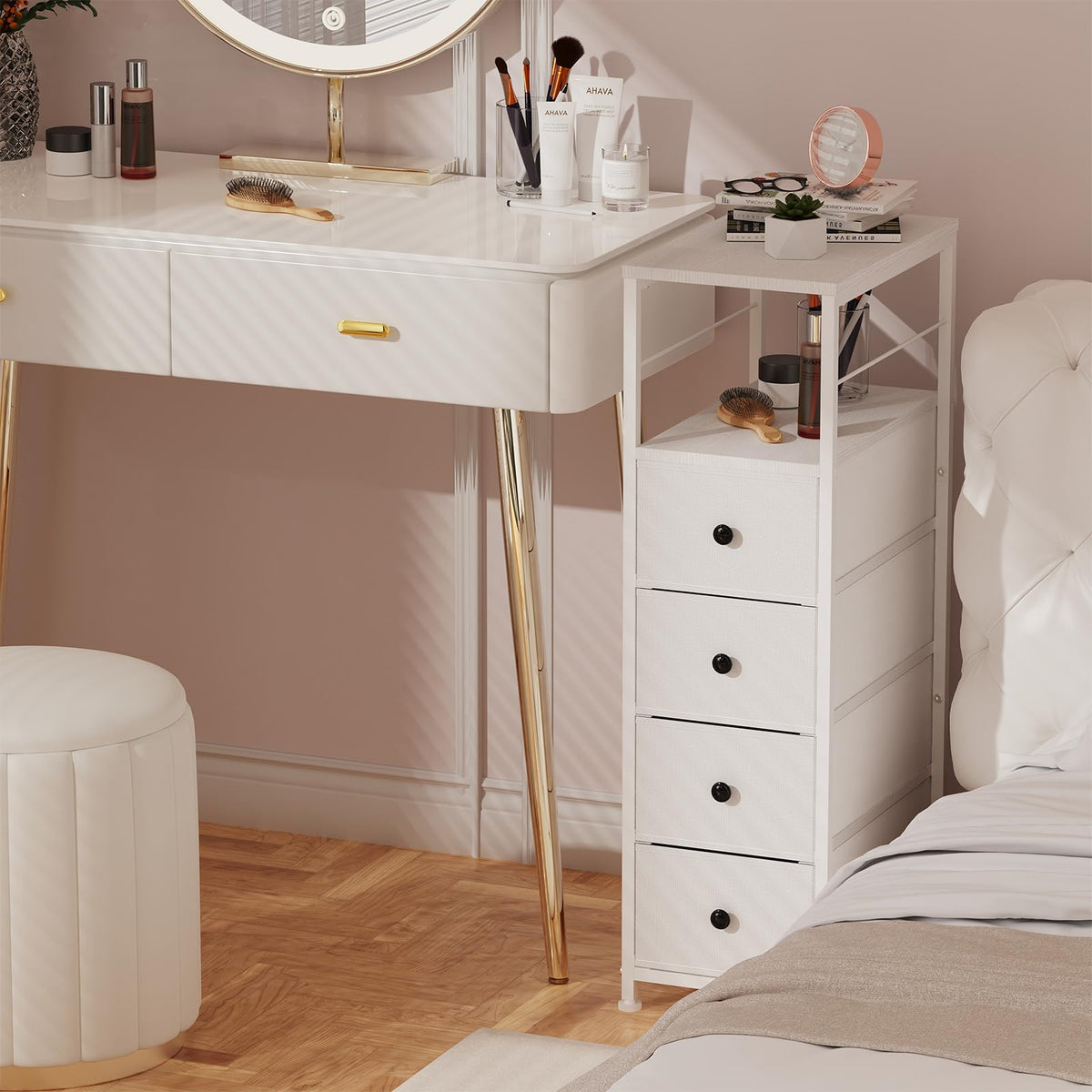 White Narrow Dresser with 4 Fabric Drawers V50991