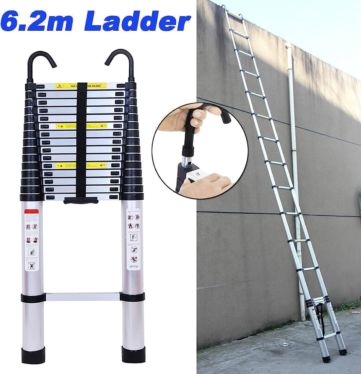 20FT Aluminum Telescoping Ladder with 2 Detachable Hooks, 330 lb Capacity J325