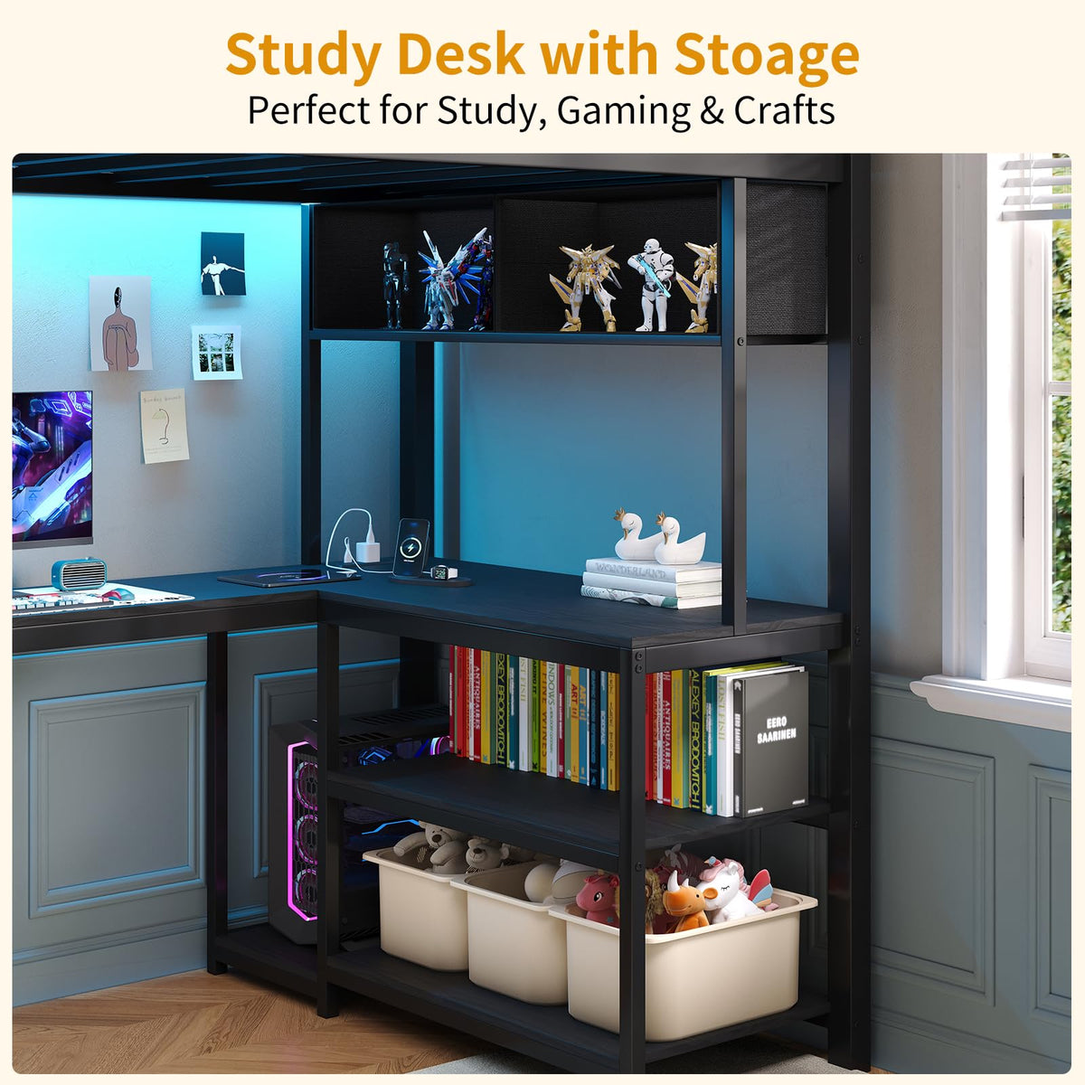 Twin Loft Bed with L-Shaped Desk and LED Lights I698111