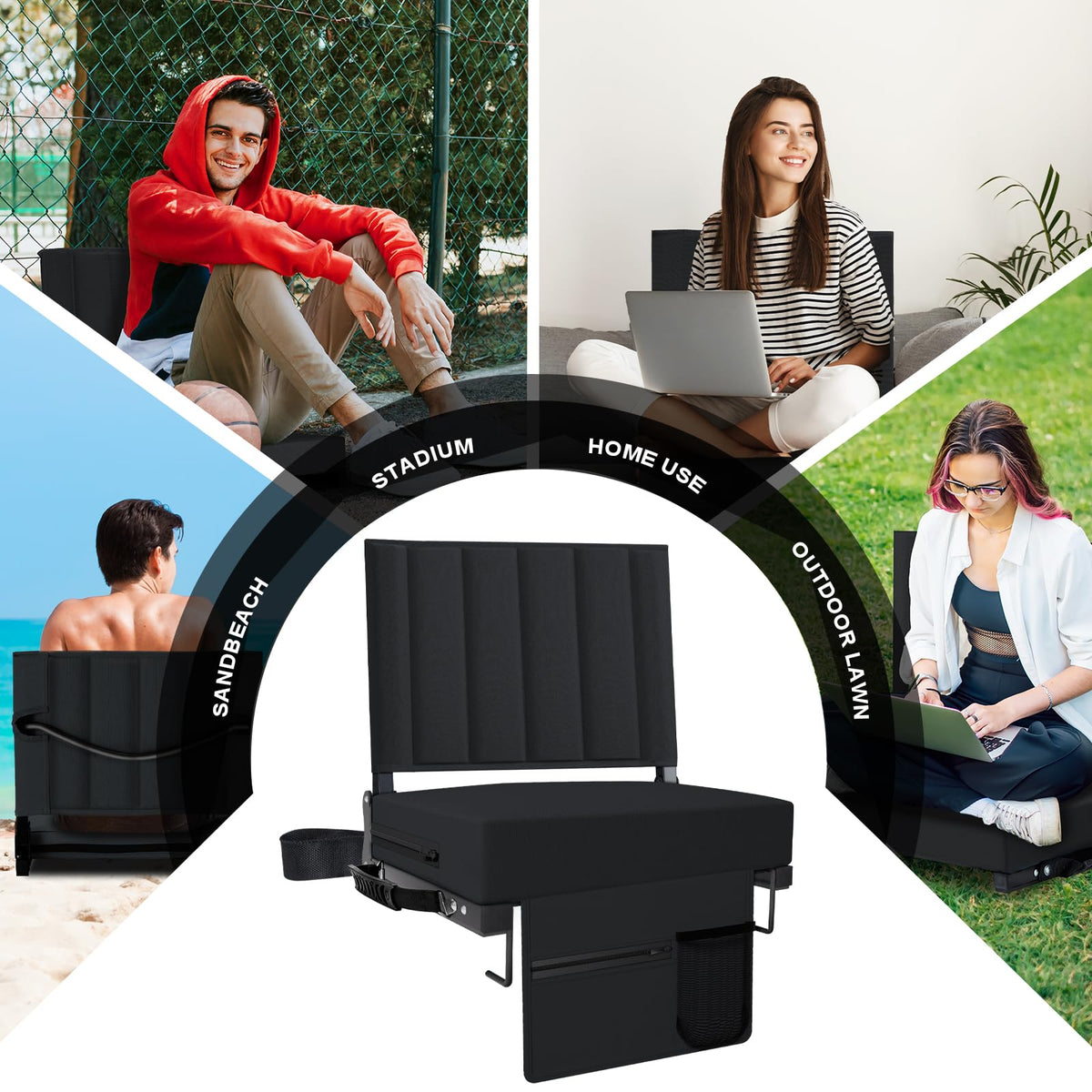 Black Padded Portable Folding Stadium Seat with Back Support and Cup Holder M40606