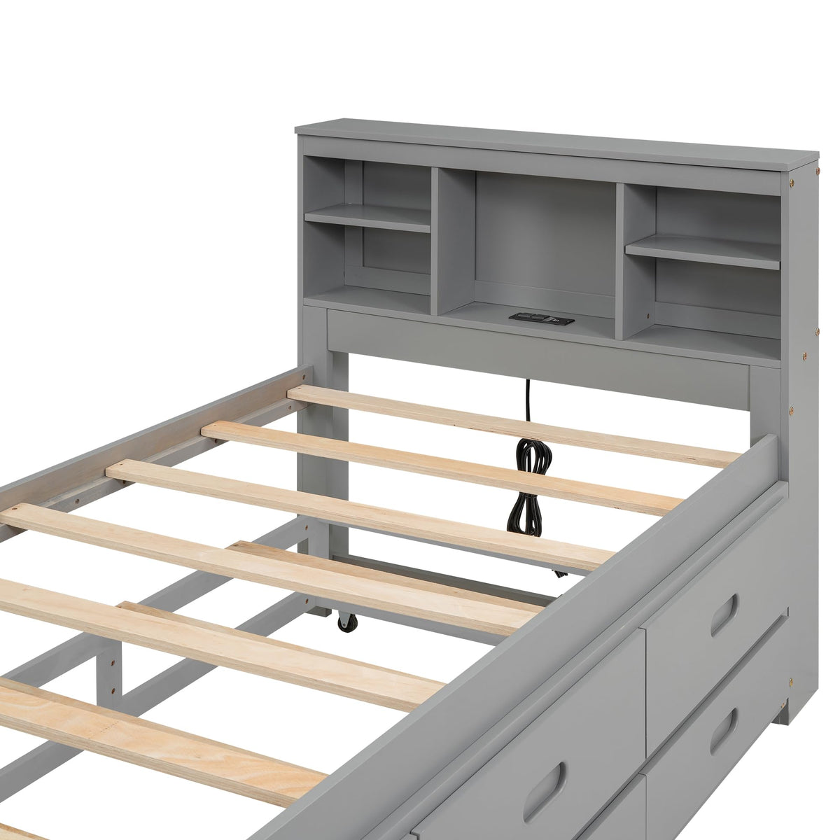 Twin Size Platform Bed with Storage Headboard, Trundle and 3 Drawers, Gray O2819