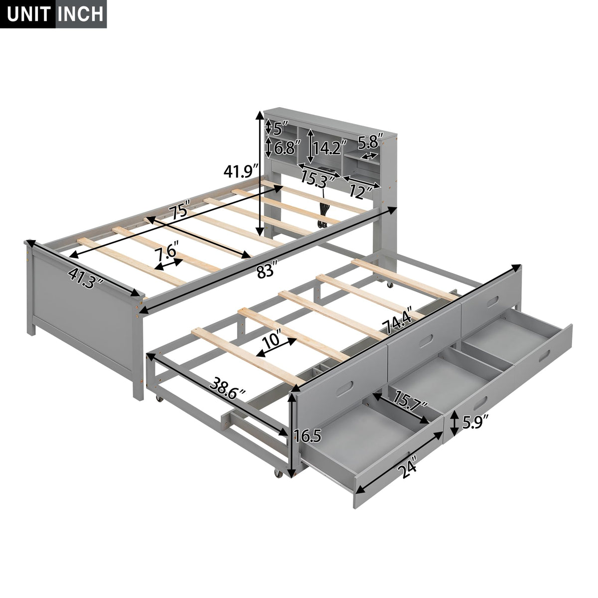 Twin Size Platform Bed with Storage Headboard, Trundle and 3 Drawers, Gray O2819
