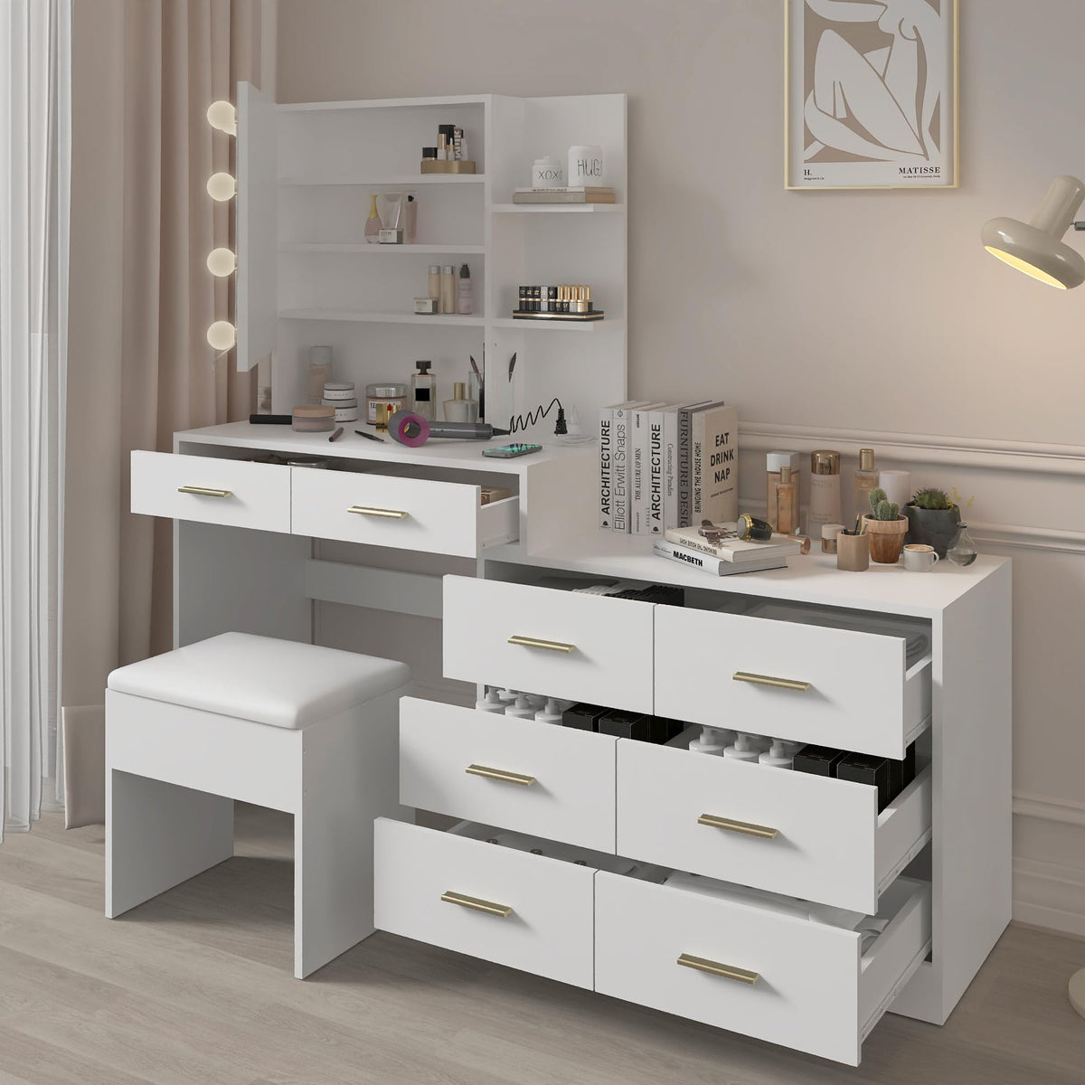 White Makeup Vanity Desk Set with 8 Drawers O772