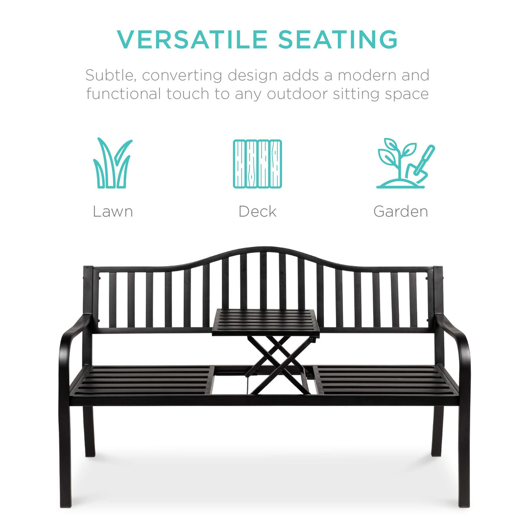 Black Steel Outdoor Garden Bench with Pullout Middle Table F43797