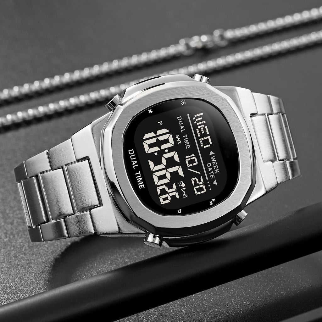 Men's Multifunctional Electronic Outdoor Sports Watch EL Light Large Digital Display Stainless Steel J10601