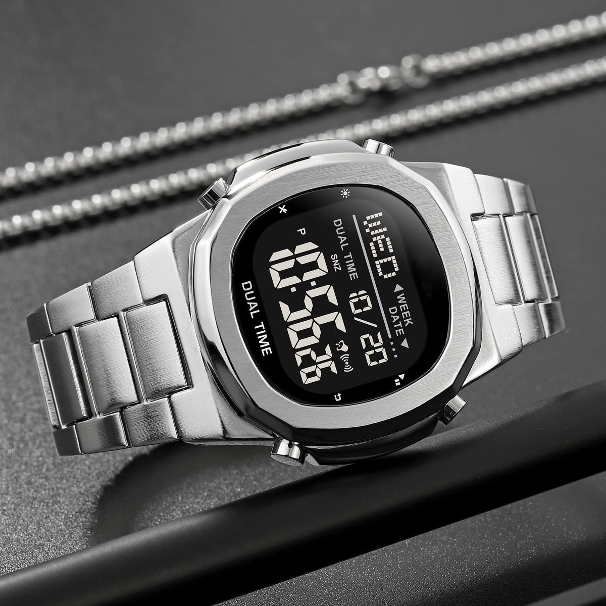 Men's Multifunctional Electronic Outdoor Sports Watch EL Light Large Digital Display Stainless Steel J10601