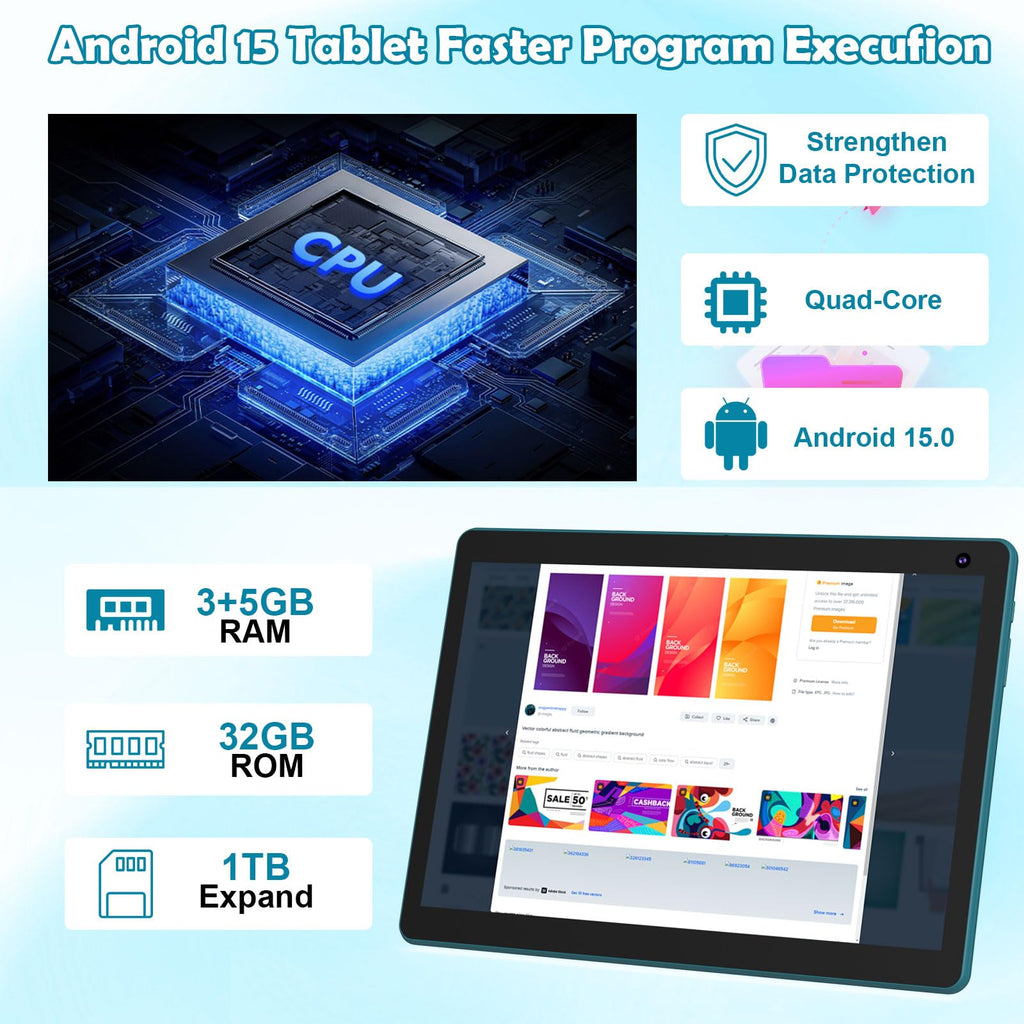 Android 15 Tablet 10 inch, 2 in 1 Tablet with Keyboard, 8GB RAM+32GB ROM, 1TB Expandable, Quad-Core, HD Screen, WiFi, Navy S9497