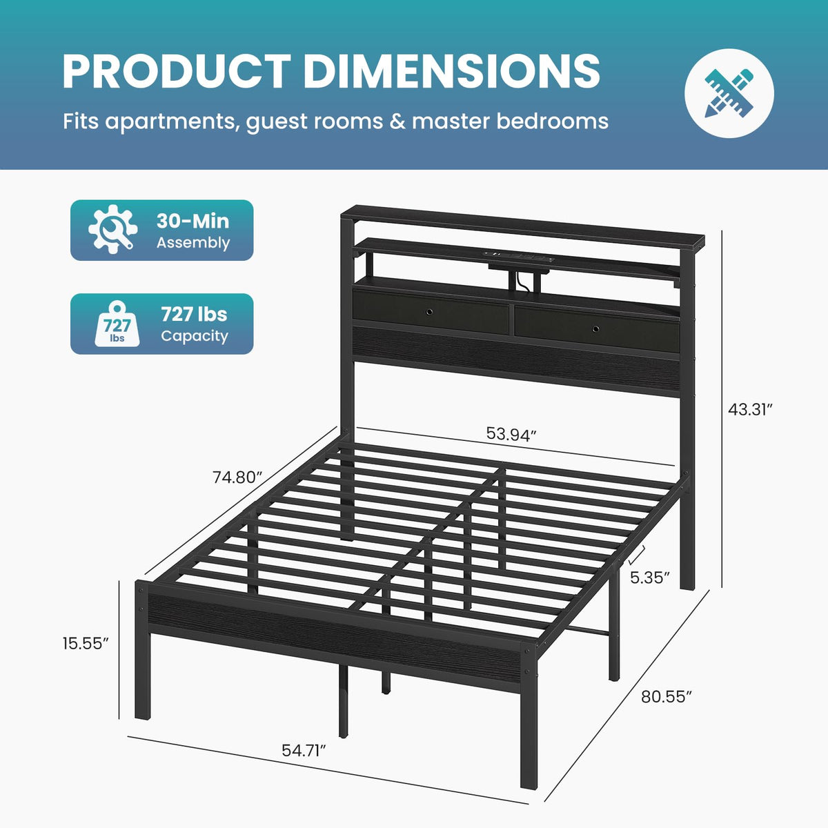 Full Bed Frame with Storage L270