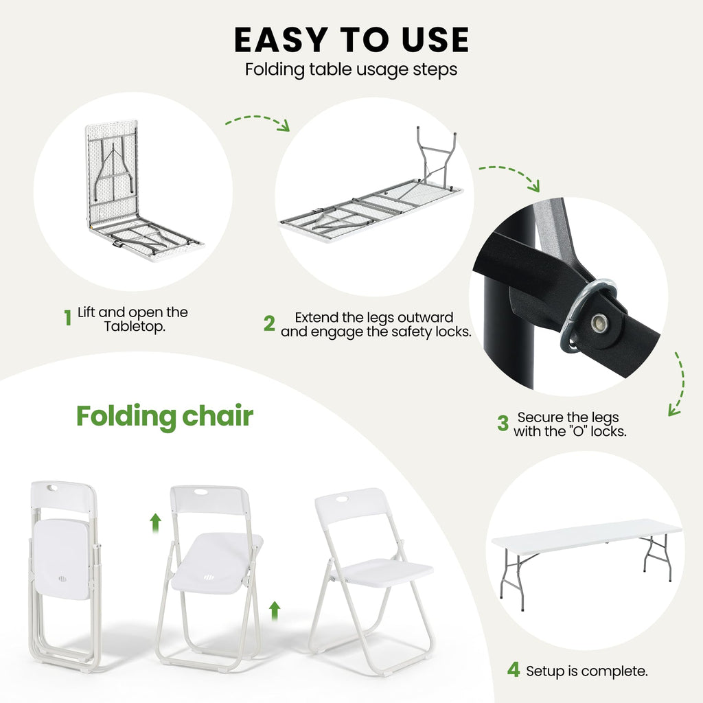 8FT Foldable Table Set with 10 Pack Plastic Folding Chairs G2660