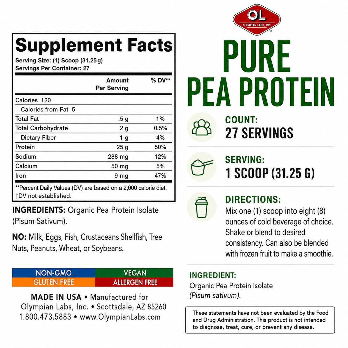 Plant Based Pea Protein Powder, Unflavored, 2 Pound M92272