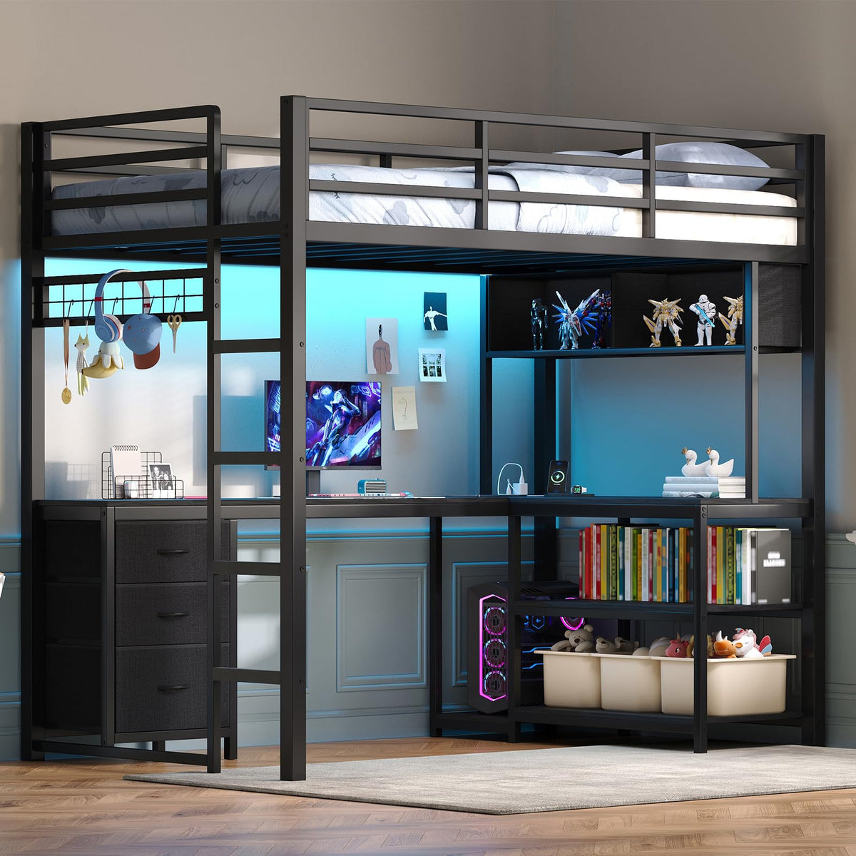 Twin Loft Bed with L-Shaped Desk and LED Lights I698111