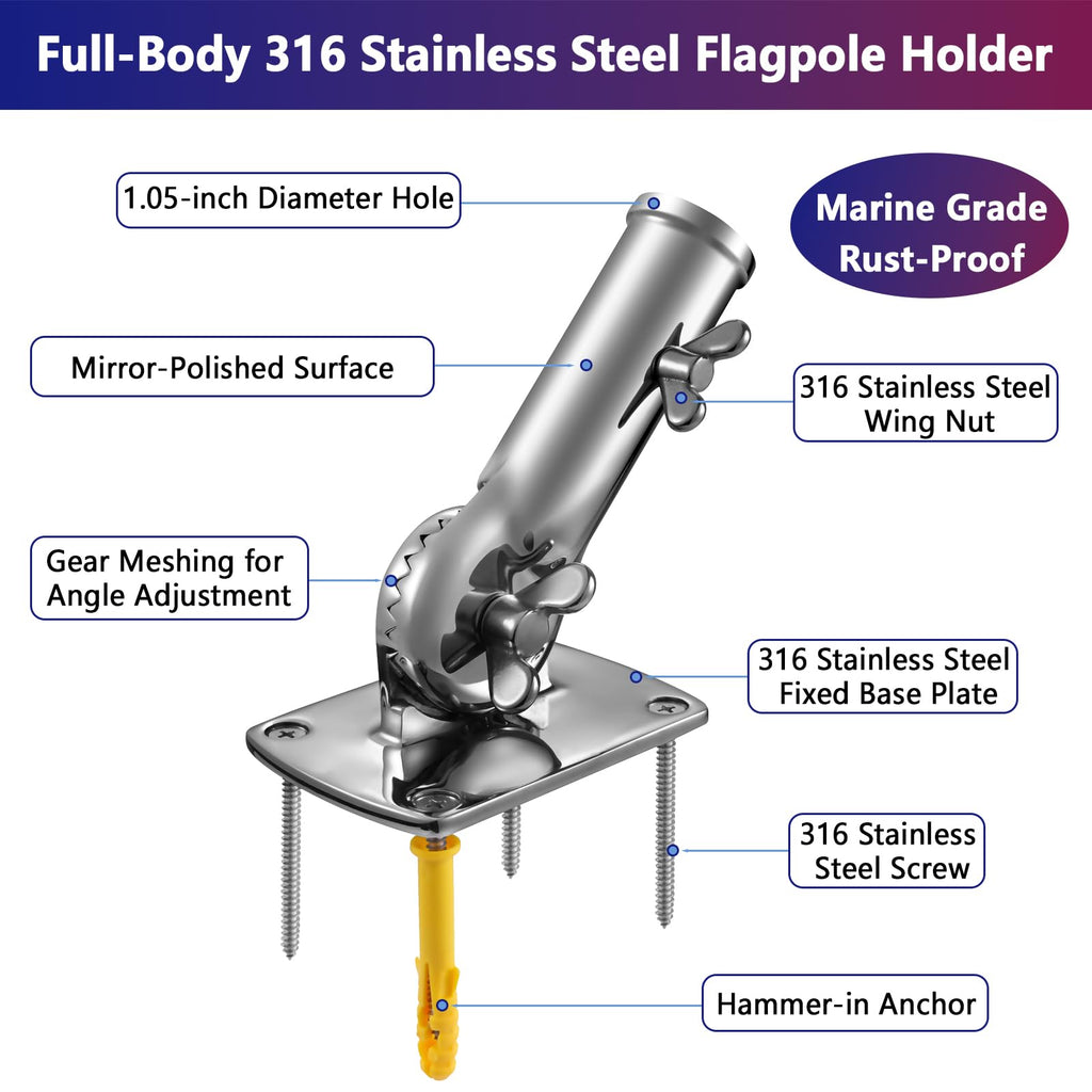 316 Stainless Steel Flag Pole Holder Bracket with Drain Hole, 1" Q837187