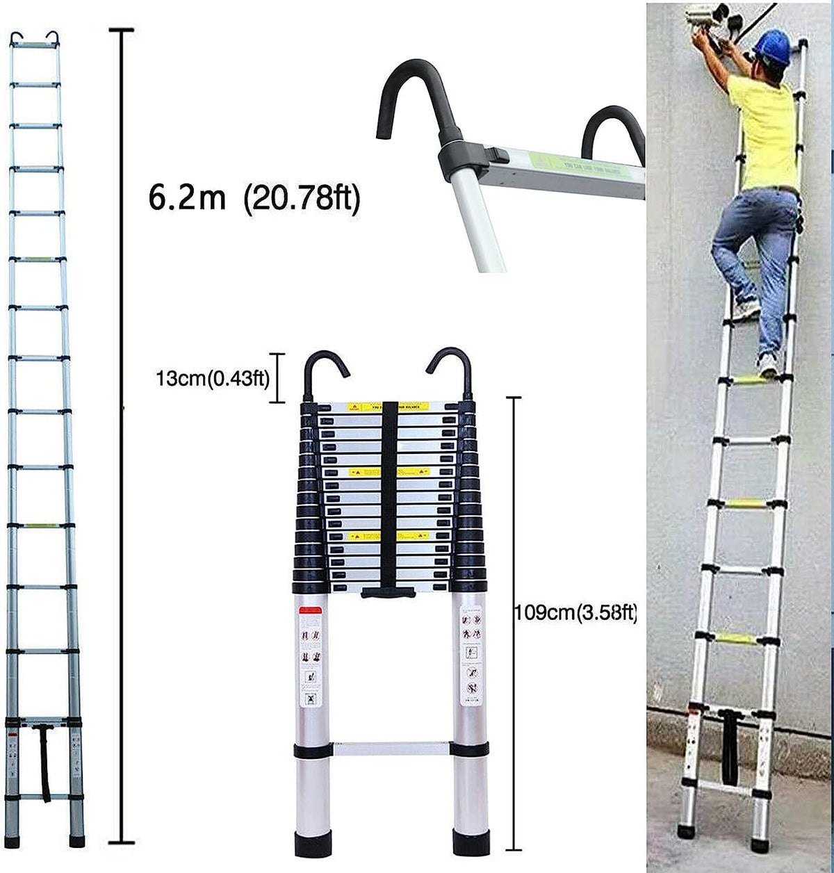 20FT Aluminum Telescoping Ladder with 2 Detachable Hooks, 330 lb Capacity J325