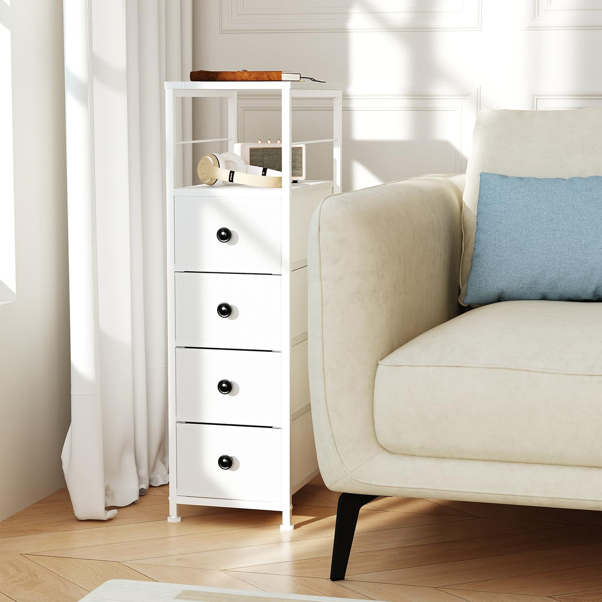 White Narrow Dresser with 4 Fabric Drawers V50991