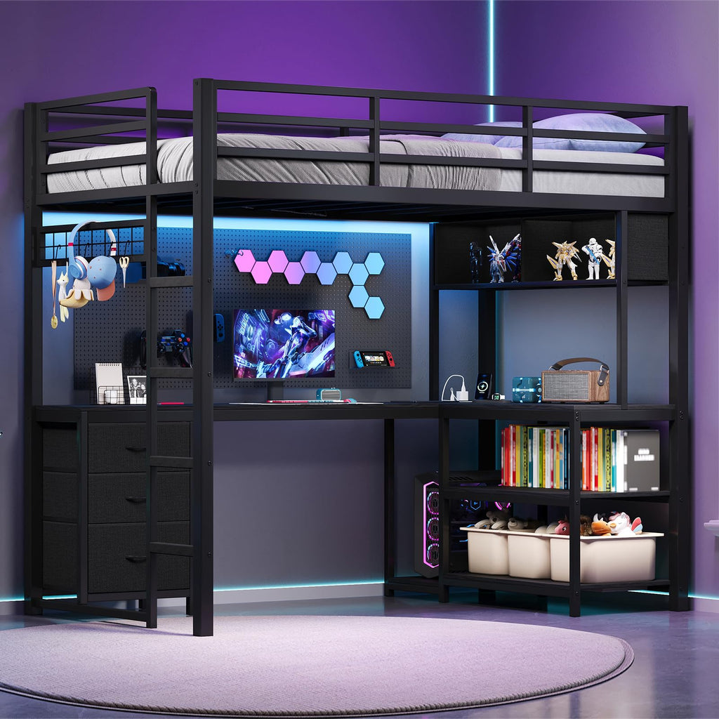 Twin Loft Bed with L-Shaped Desk and LED Lights I698111