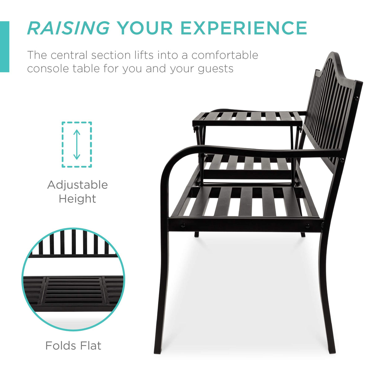 Black Steel Outdoor Garden Bench with Pullout Middle Table F43797