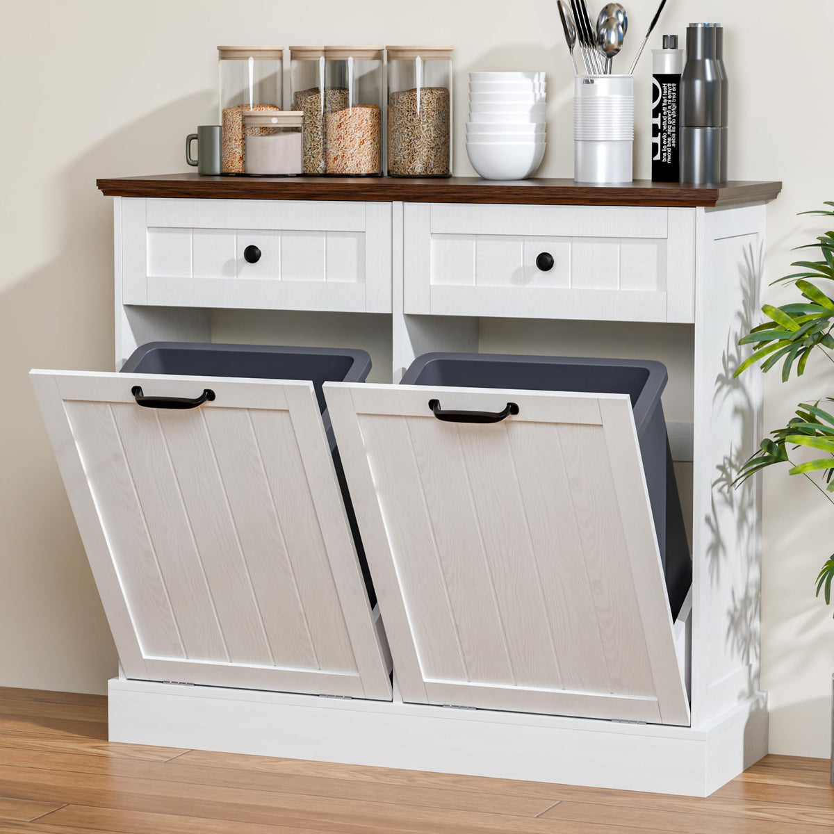 20 Gallons Tilt Out Trash Cabinet with Drawer, White K79451