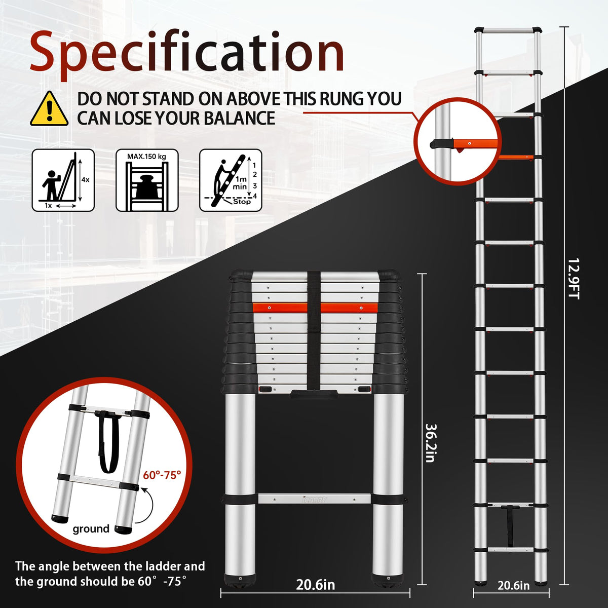 Telescoping Aluminum Ladder 12.9 FT 250lb Capacity X139