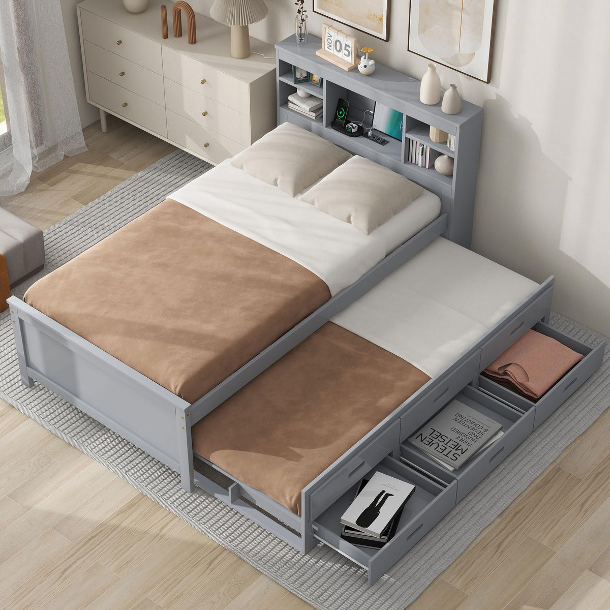 Twin Size Platform Bed with Storage Headboard, Trundle and 3 Drawers, Gray O2819