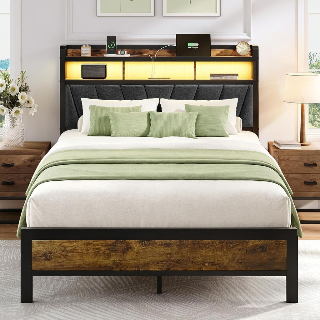 Full Bed Frame with LED Lights and Charging Station T590